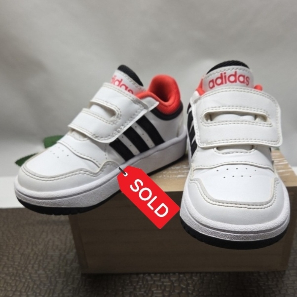 SOLD...Adidas Toddler Boys Slip on Shoes Size 8K White Black Red Comfortable